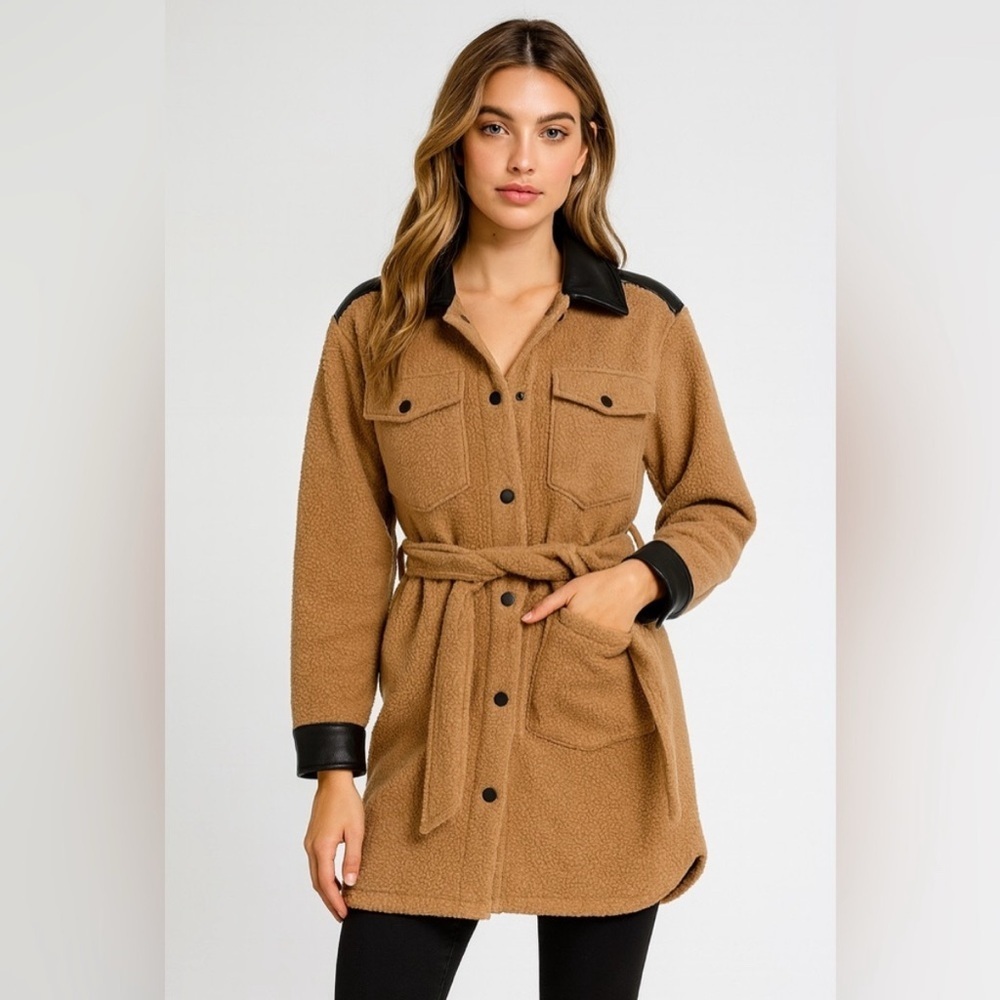 LAMARQUE Tan Black Zosia Belted Shacket/SMALL